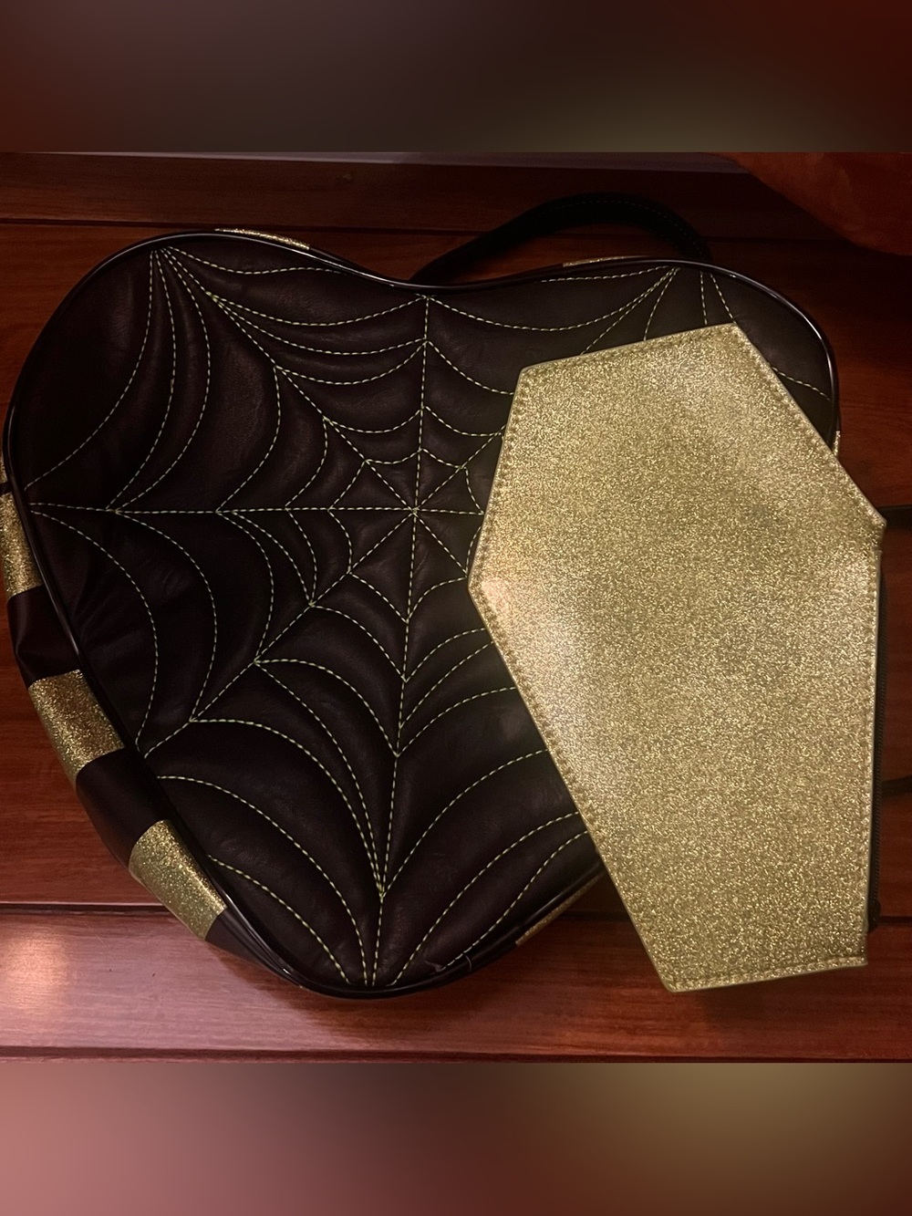 Pumpkin Kult Black Heart Crossbody Bag with Neon Green Spiderweb